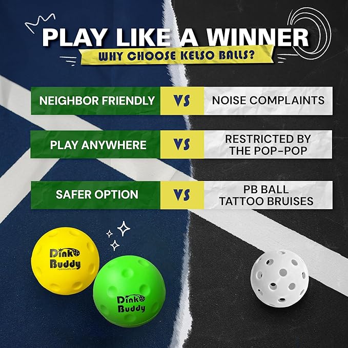 Kelso Pickleball, PU Foam Pickleball Balls for Reduced Noise, Enhances Hand-Eye Coordination, Indoor & Outdoor Use, Standard or Small Trainer-Sized Balls