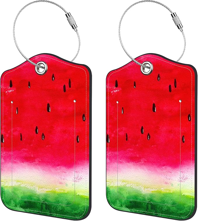 2 Pack Luggage Tags for Suitcase,Watercolor Watermelon PU Leather Luggage Tags with Privacy Cover Name Address Labels and Steel Ring,Creative Travel Accessories for Men and Women