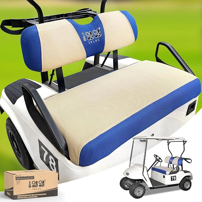 10L0L Golf Cart Seat Covers Kit - Universal Fit for EZGO TXT/RXV Front Seats | Breathable Mesh Fabric | Easy Installation | Beige & Blue (No Staples Required)