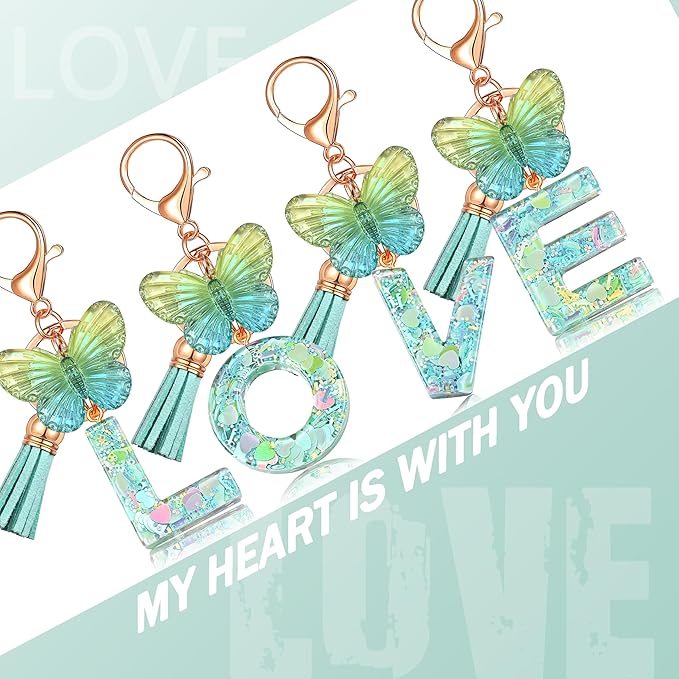 JINGUAZI Initial letter Keychains for Women Tassel Butterfly Pink Purple Cute Car Keychain for Wallet Backpack bag charm