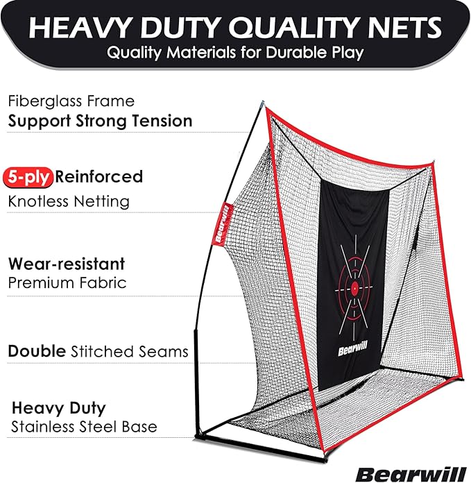 Bearwill Golf Net, 10x7ft Heavy Duty Golf Practice Nets with Mat, Target Cloth, 8 Tees, 6 Balls, Carry Bag for Backyard Driving Chipping Indoor Outdoor Training