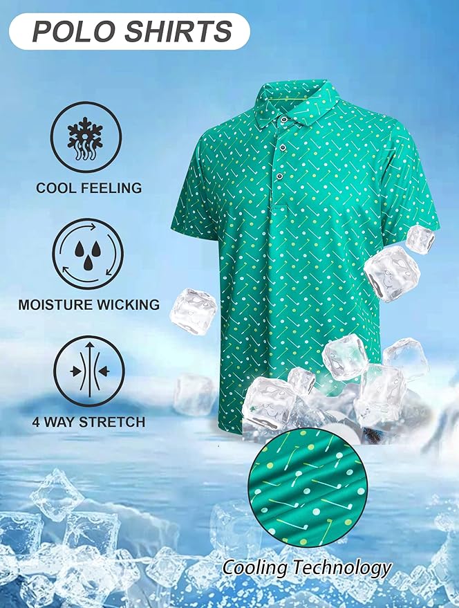 Esabel.C Golf Shirts for Men Dry Fit Performance Short Sleeve Print Moisture Wicking Collared Shirt