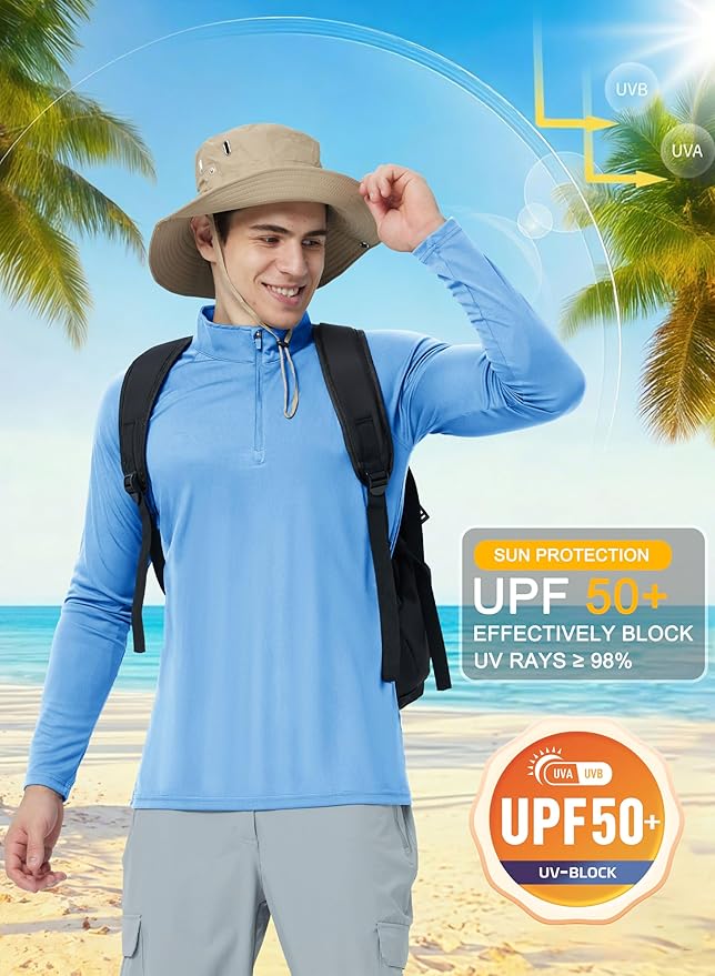 CRYSULLY Men's Long Sleeve 1/4 Zip Shirts Sun Protection Pullover UPF 50+ Rash Guard Running Lightweight T Shirt