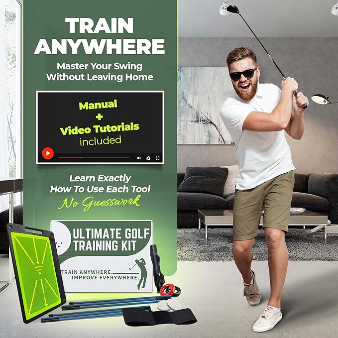 6-in-1 Golf Training Aid with Divot Board, Golf Grip Trainer, Swing Trainer, Alignment Sticks | Golf Accessories for Men & Women | Hitting Mat Practice Indoor & Outdoor