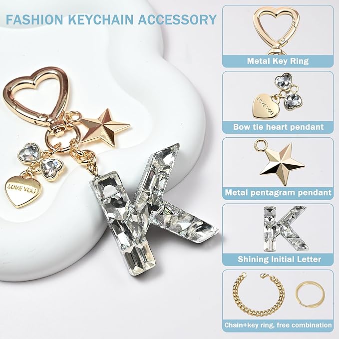Cute Bling Keychain initial Letter Butterfly Star Pink Purple Gift for Women Girls Bag Cup Charms Accessories