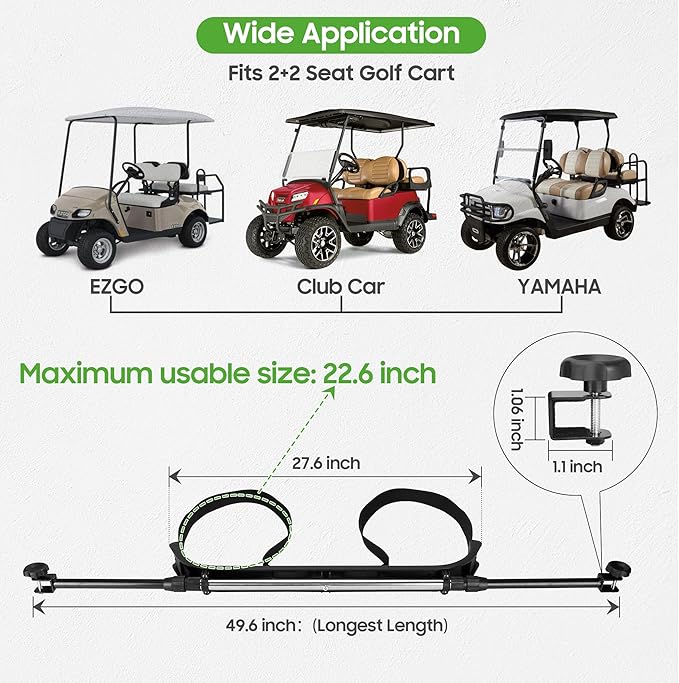 10L0L Upgraded Golf Bag Stand Attachment, Adjustable Rear Cart Bag Holder for Yamaha, EZGO and Club Car, No-Drilling Required Club Rack with Etra Strap
