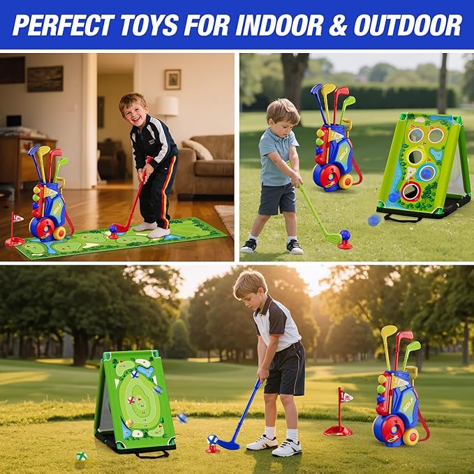 3 in 1 Toddler Golf Set with Putting Mat & Sticky/Golf Game, Kids Golf Club with 8 Balls, 4 Plastic Clubs, Scoreboard, Indoor Outdoor Sport Toys with Golf Cart Gift for Boys Girls Aged 2-5, Blue