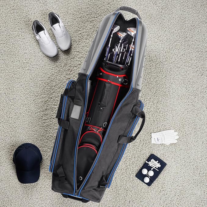 Golf Travel Bag for Airlines with Carbon Fiber Look Hard Top, Protective Club Traveling Cover with Wheel, Golf Club Carrier Case for Airplanes, Thick Padding, Durable Zippers, 2 Spacious Side Pockets