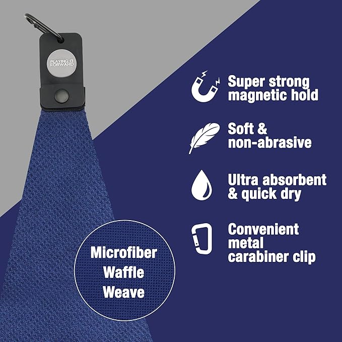 Magnetic Golf Towels for Golf Bags with Clip & Ultra Strong Magnet - Waffle Weave Microfiber Towel for Secure Hold on Bags & Carts - Ideal Club Cleaner & Accessories - Navy