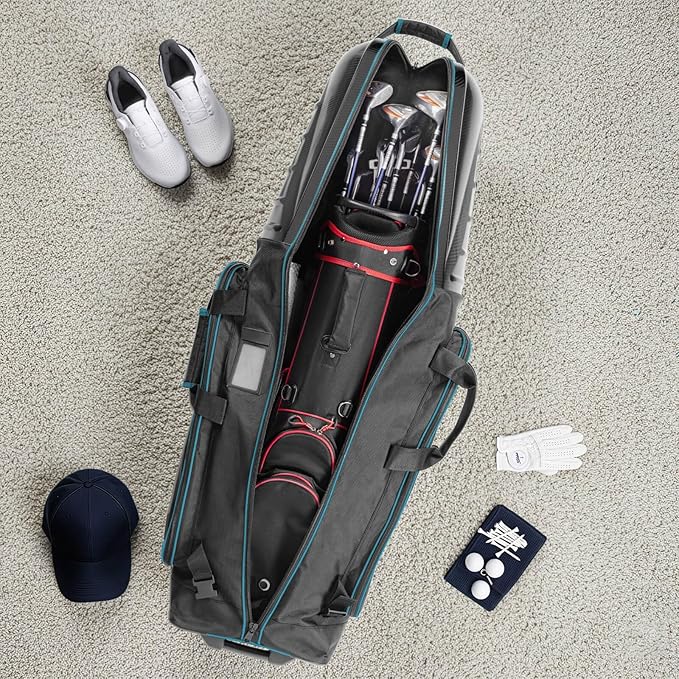 Golf Travel Bag for Airlines with Carbon Fiber Look Hard Top, Protective Club Traveling Cover with Wheel, Golf Club Carrier Case for Airplanes, Thick Padding, Durable Zippers, 2 Spacious Side Pockets