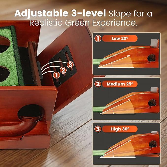 Putting Green Indoor with Three-Level Adjustable Incline, Auto Ball Return - Easy to Fold Solid Wood Base, Golf Training Aid for Home, Office, Backyard - Golf Putting Mat for Men