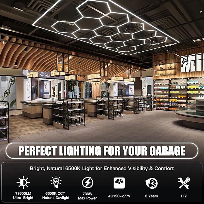 JTT Hexagon Garage Lights, 736W 73600LM LED Garage Hexagon Lights,6500K Super Bright Car Detailing Ceiling LED Shop Light for Basement, Warehouse, Auto Beauty Shop, Car Detailing Shop, Gym etc