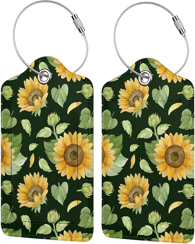 2 Pack Sunflower Luggage Tags for Suitcases, Cool Leather Luggage Tag for Travel, Bag Tag Privacy Name ID Card Bag Labels for Friends Adults Kids Tourists