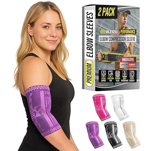 BLITZU Elbow Compression Sleeve for Tendonitis 2 Pack, Tennis Elbow Brace Support for Men and Women Golfers Elbow Pain Relief, Arthritis, Bursitis, Arm Brace for Workout, Weightlifting Purple S