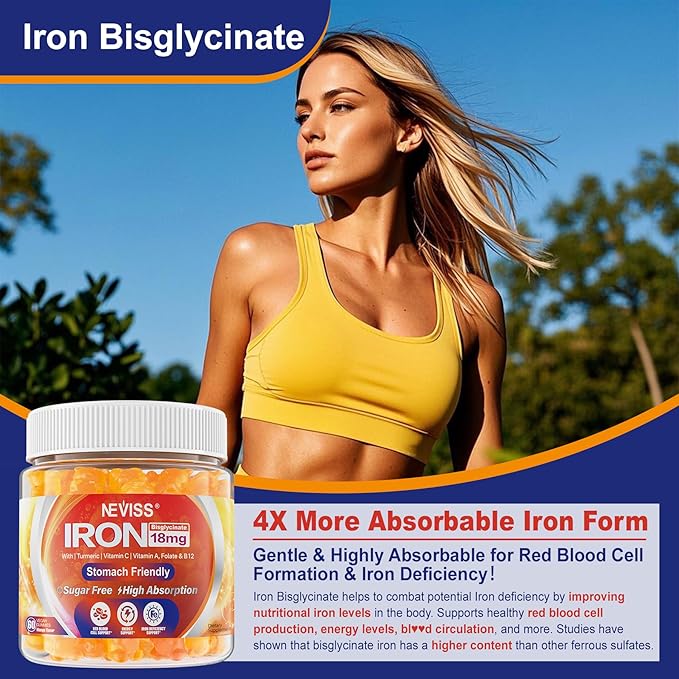Vegan Iron Gummies Supplement with Vitamin C, B12, Folate & Turmeric - Energy & Immune Health | Gummy Iron Bisglycinate 18mg Gentle & Non-Constipating for Iron Deficiency, Anemia Women Men, 1 Pack