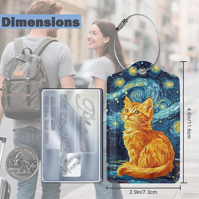 3 Pack PU Leahter Luggage Tag with Stainless Steel Loop, Starry Sky Cat Travel Suitcase Labels with Privacy Cover ID Label Quickly Spot for Bags