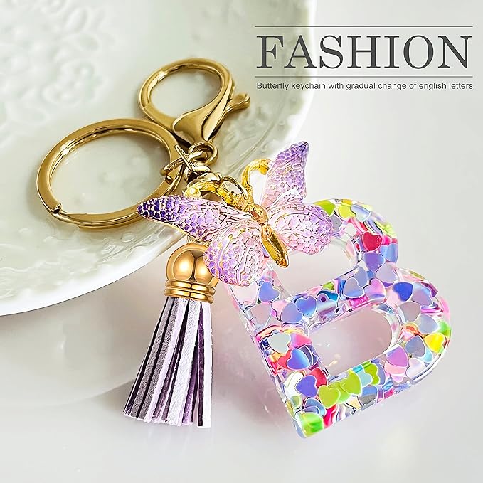 JINGUAZI Initial letter Keychains for Women Tassel Butterfly Pink Purple Cute Car Keychain for Wallet Backpack bag charm