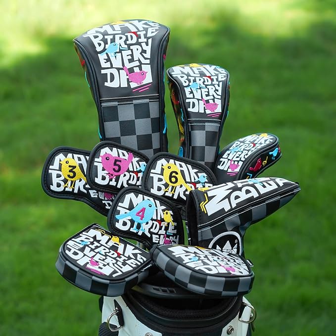 Craftsman Golf Make Birdie Everyday Black and Gray Checkers Golf Club Headcover for Woods and Driver Hybrids Irons Protector Putter Covers