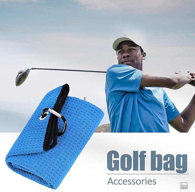 Mile High Life Tri-fold Golf Towel | 16" X 24" | Premium Microfiber Fabric | Waffle Pattern | with Heavy Duty Carabiner Clip | for Men and Women (Blue)