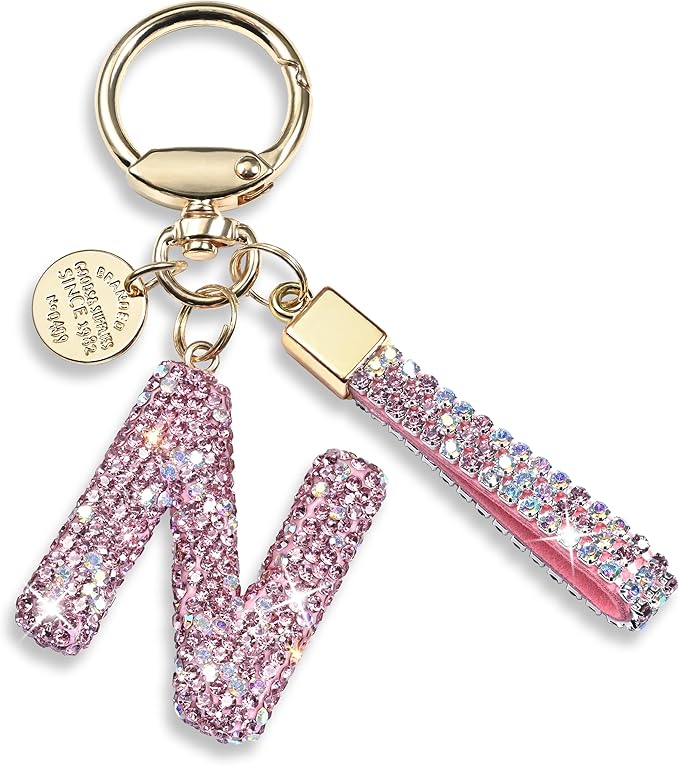 Pink Blue White Initial Letter Keychain Gift for Women Girls Bling Sparkly Cute Backpack Car Key Accessories Lanyard