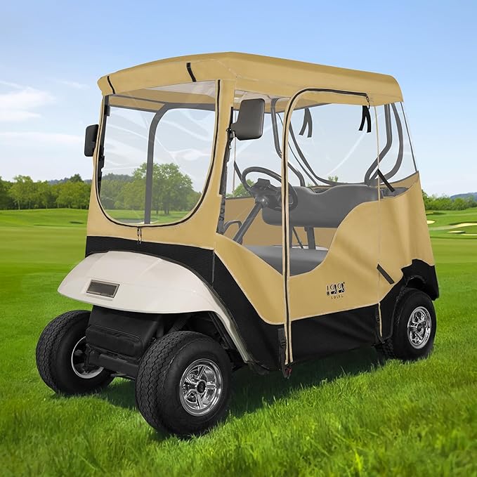 10L0L Golf Cart Enclosure for EZGO TXT 2 Passenger, 4-Sided Clear Window Rain Cover All Weather Waterproof Windproof, Khaki