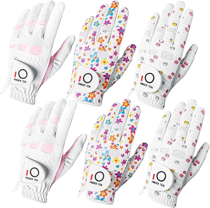 FINGER TEN Women’s Golf Gloves Ladies Left Hand Right Handed Golfer Value 6 Pack, All Weather Rain Grip Glove Pink Fit Small Medium Large XL