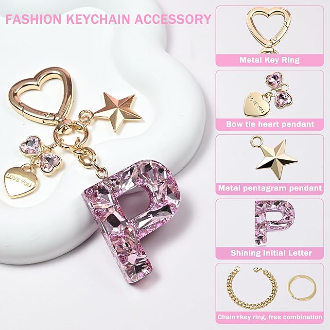 Cute Bling Keychain initial Letter Butterfly Star Pink Purple Gift for Women Girls Bag Cup Charms Accessories