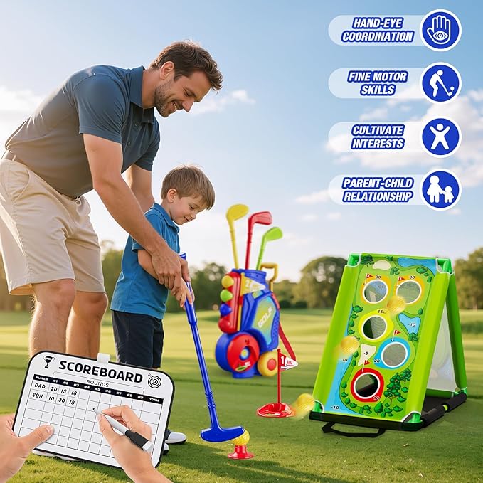 3 in 1 Toddler Golf Set with Putting Mat & Sticky/Golf Game, Kids Golf Club with 8 Balls, 4 Plastic Clubs, Scoreboard, Indoor Outdoor Sport Toys with Golf Cart Gift for Boys Girls Aged 2-5, Blue