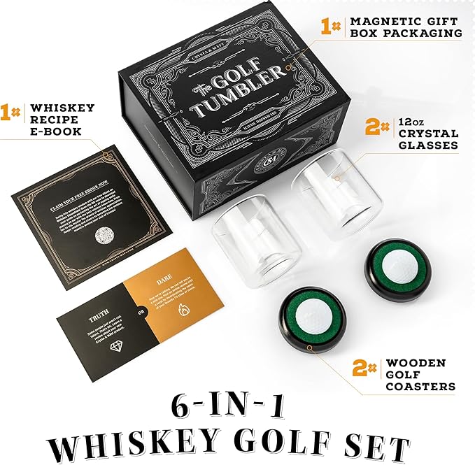 Golf Whiskey Glass Set | Golf Ball Shot Glasses | 12 oz Whiskey Glasses | Gifts for Golfers | Cool Stuff for Golfers | Birthday Gifts for Men and Women | Uncle Gift | Whiskey Presents for Golfer