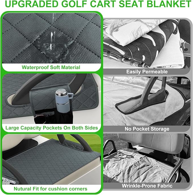 Universal Golf Cart Seat Covers Waterproof Golf Cart Seat Protector with 4 Side Pockets & Anti-Slip Bottom Fits for Most Golf Carts,Fits for EZGO, Club Car, Yamaha and More (Blue Grey)