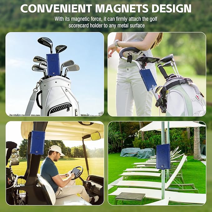 Archerest Magnetic Golf Scorecard Holder, 7.48" x 4.33" Premium Leather Yardage Book Cover Golf with A Pencil and Five Double Sided Printed Scorecards, Golf Accessories and Scorecard Book