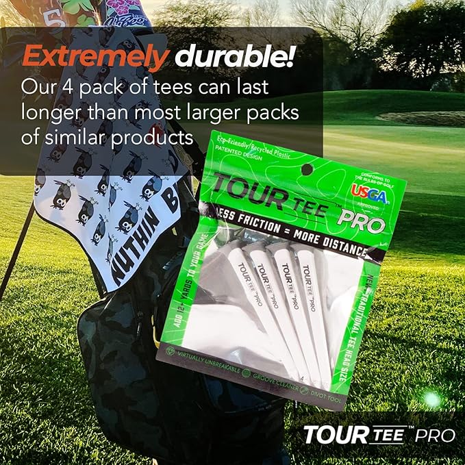 CMCDESIGN Tour Tee Pro Pack - Frictionless Golf Tees for More Distance & Consistent Yards - Reusable, Made with Recycled Plastic & Virtually Unbreakable - Four 3.15” Golf Tees with Standard Cup