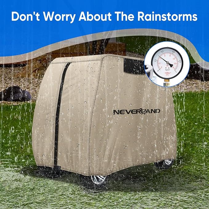 NEVERLAND Golf Cart Cover 4 Passenger - Waterproof Golf Cart Covers - Fits for Yamaha Golf Carts EZ GO Club Car - Outdoor Windproof Sunproof (Light Tan, Fit for 2+2/4 Passenger Cart)