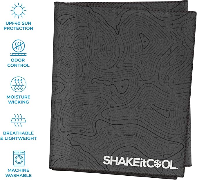 SHAKEitCOOL Extended Size Cooling Towel – Be Cool in Style - Heat Relief, Soft, Lightweight, Sun Protection, Easy Clean - Perfect for Biking, Hiking, Running, Yoga, Golf, Gardening - Black Topo M