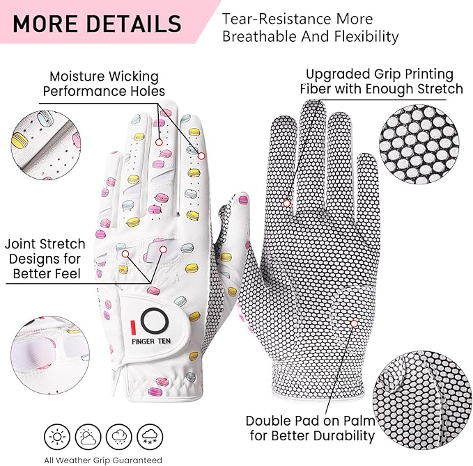 FINGER TEN Non Slip Golf Gloves Women 2 Pack for Left Right Handed Golfers, All Weather Grip & Comfortable Glove for Serious Performance, Fit Size Medium Small Large