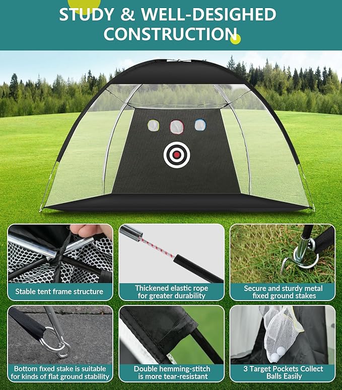 Golf Net: 10x7FT Golf Practice Net for Backyard Driving, Hitting Net with Tri-Turf Mat, Indoor Training Chipping Aid Nets with Reduce Noise Nylon Target, Gifts for Men/Dad/Him
