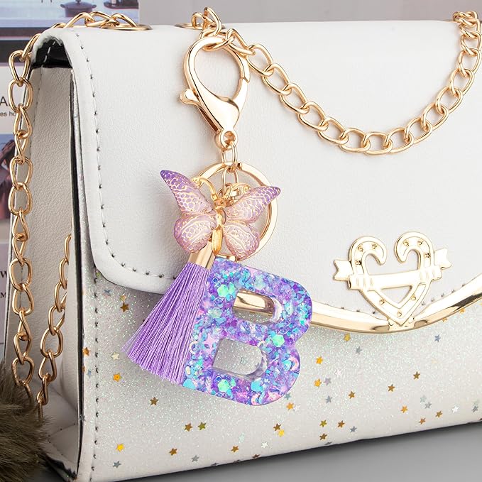 Suweibuke Colourful Cute Initial Letter Keychains for Women Girls with Tassel Butterfly, Charm for Purse Handbags Backpacks