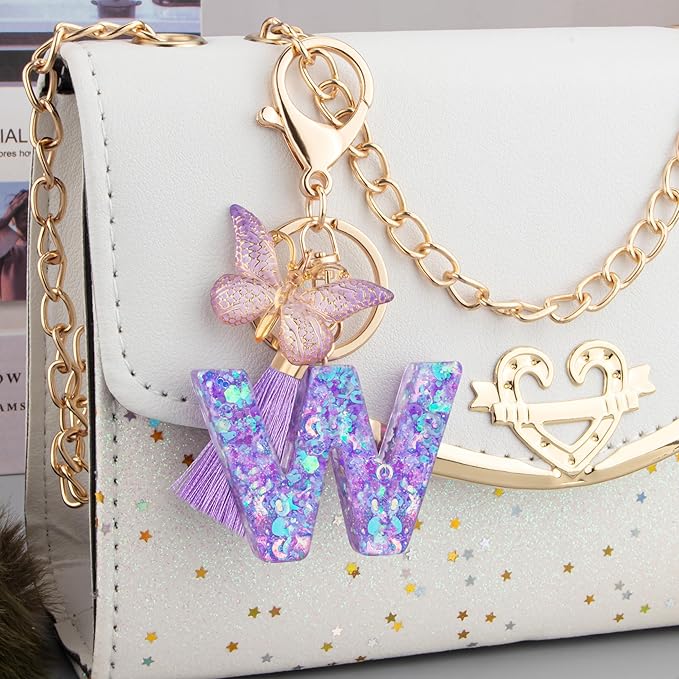Suweibuke Colourful Cute Initial Letter Keychains for Women Girls with Tassel Butterfly, Charm for Purse Handbags Backpacks