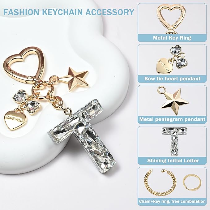 Cute Bling Keychain initial Letter Butterfly Star Pink Purple Gift for Women Girls Bag Cup Charms Accessories