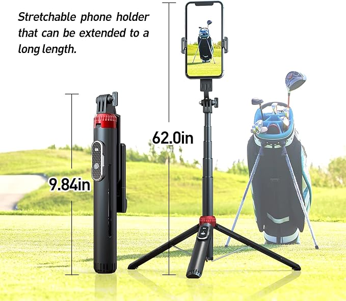 62" Phone Tripod & Selfie Stick for Golf Training, Extendable Cell Phone Tripod Stand with Wireless Remote and Phone Holder, Golf Training Aid - Compatible with iPhone Android iPhone