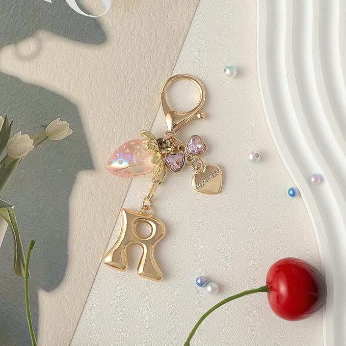 Snycler Bubble Initial Keychain with Strawberry & Bow- Gold Letter Bag Charms for Women, Cute Purse Handbag Accessories