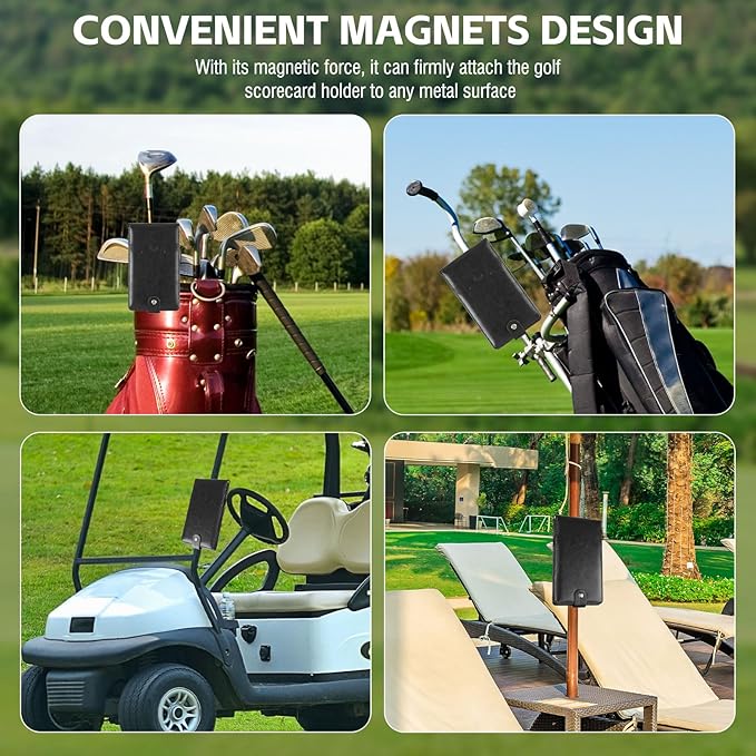 Archerest Magnetic Golf Scorecard Holder, 7.48" x 4.33" Premium Leather Yardage Book Cover Golf with A Pencil and Five Double Sided Printed Scorecards, Golf Accessories and Scorecard Book