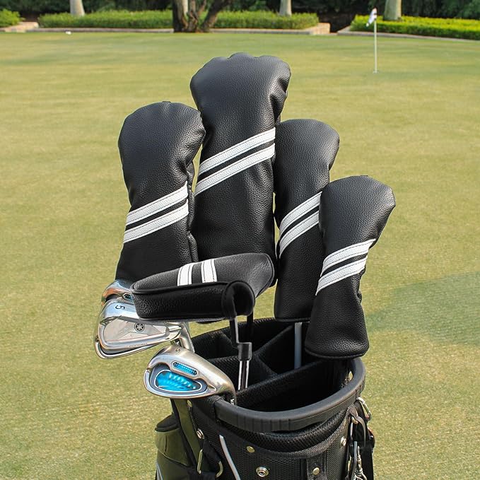 Golf Club Covers,4pcs or 1pc Golf Headcovers for Woods and Driver Fairway Hybrids Women Men - Premium PU Leather with Interchangeable Tags & Magnetic Blade and Mallet Putter Covers