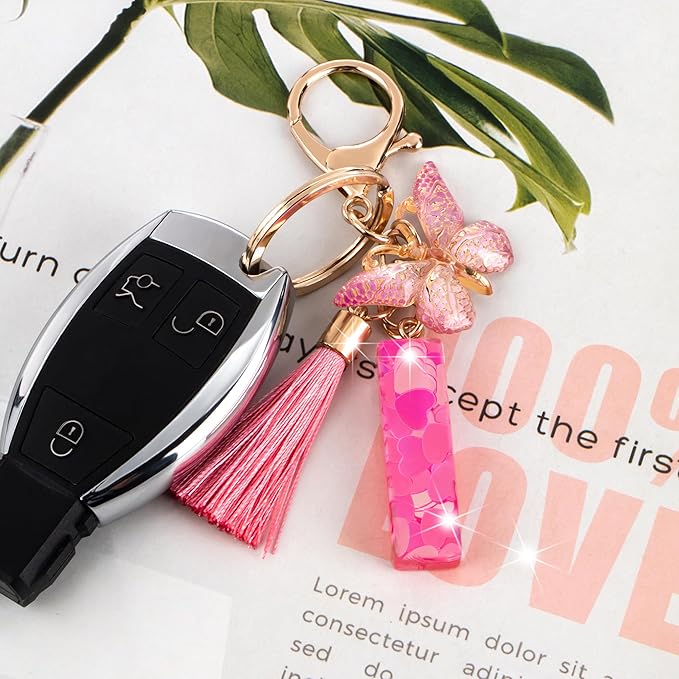 Suweibuke Colourful Cute Initial Letter Keychains for Women Girls with Tassel Butterfly, Charm for Purse Handbags Backpacks