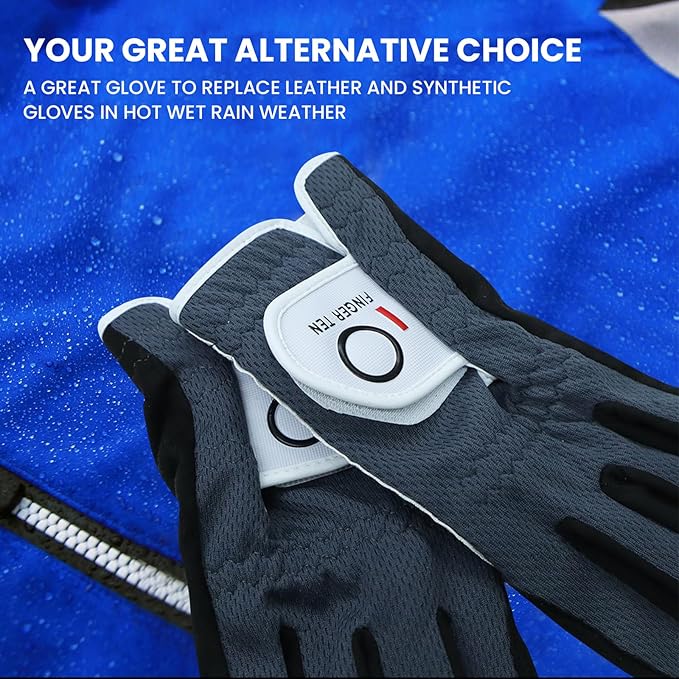 FINGER TEN Men's Golf Gloves for Right Left Handed Golfer Rain Grip Value 2 Pack, Golf Glove for Left or Right Hand Hot Wet Weather No Sweat Black Gray White Blue