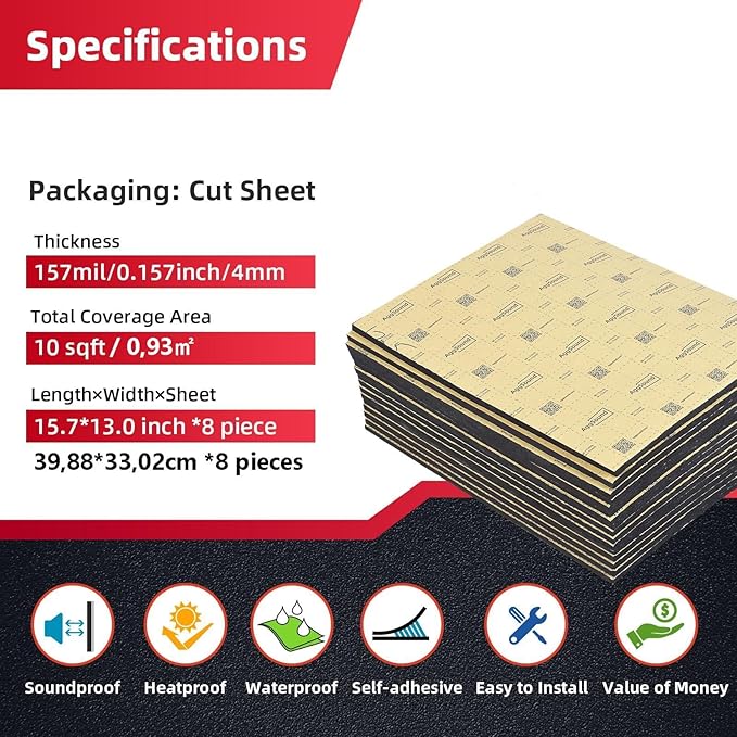 Sound Deadening Mat 394mil(10 mm) 11.37sqft - Closed Cell Foam Car Sound Deadening Material - Self-Adhesive Hood Insulation Heat Shield Auto Sound Dampening