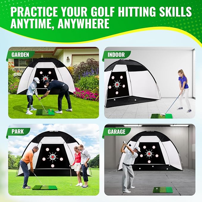 Golf Net 10x7ft, Golf Practice Net for Backyard with 5 Target Holes & Bullseye All-in-One Golf Hitting Net Kit with 3-Turf Mat for Indoor/Outdoor Swing & Chipping Training