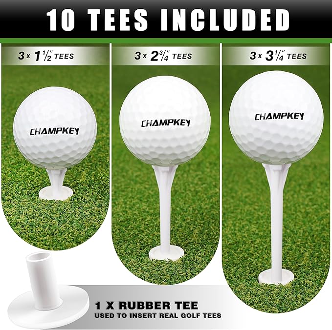 CHAMPKEY Dual-Turf Golf Hitting Mat | Come with 9 Golf Tees & 1 Rubber Tee | Heavy Duty Rubber Backing Golf Practice Mat Ideal for Indoor & Outdoor Training