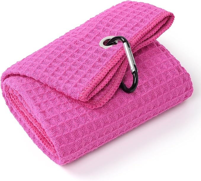 Mile High Life Premium Waffle-Weave Golf Towel | 16" X 24" | Extra Absorbent & Quick-Dry | Ultra-Soft Microfiber | Carabiner Clip | Multi-Color Options | Golf Accessory for Men & Women, Pink C