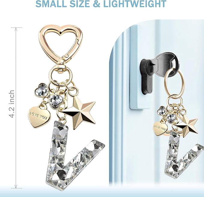 Cute Bling Keychain initial Letter Butterfly Star Pink Purple Gift for Women Girls Bag Cup Charms Accessories